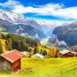 Fabulous autumn view of picturesque alpine Wengen village and Lauterbrunnen Valley