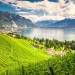 Montreux city with Swiss Alps lake Geneva and vineyard on Lavaux region