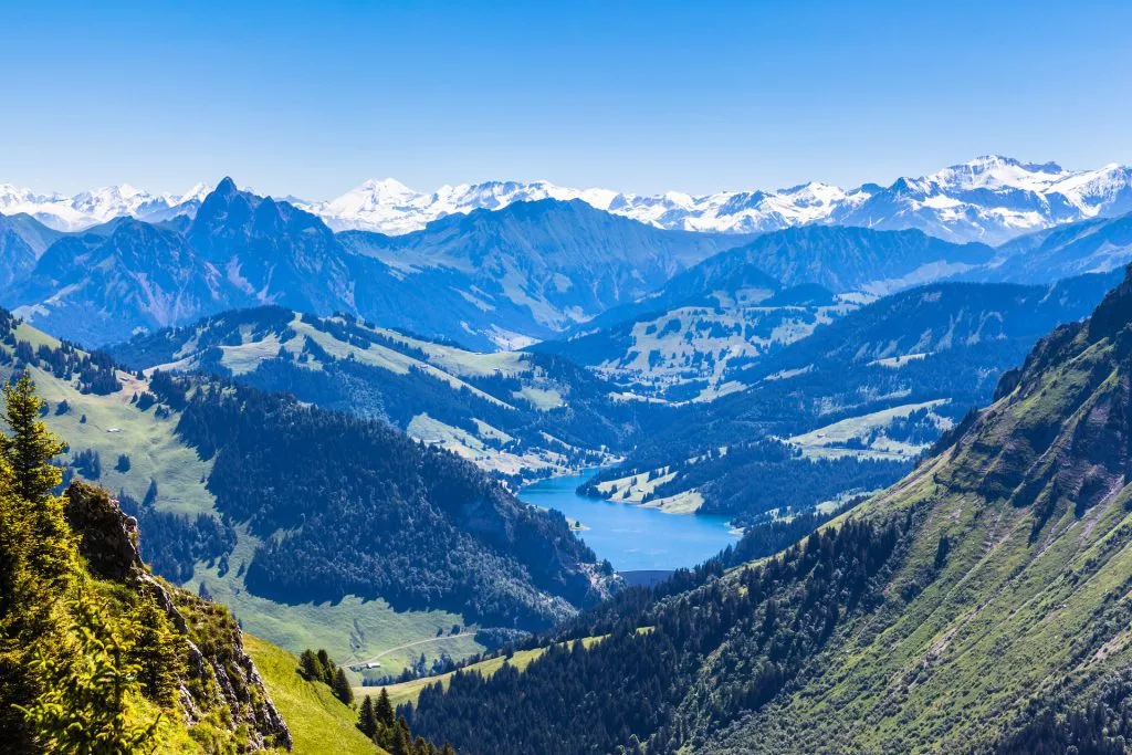 Panorama view of Bernese Alps from top of Rochers de Naye