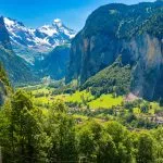 Panoramic view of Lauterbrunnen valley village of Lauterbrunnen the Staubbach Fall and the Lauterbrunnen Wall