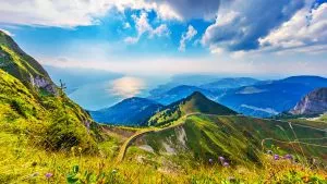 Scenic summer panorama from Rochers de Naye mountain peak