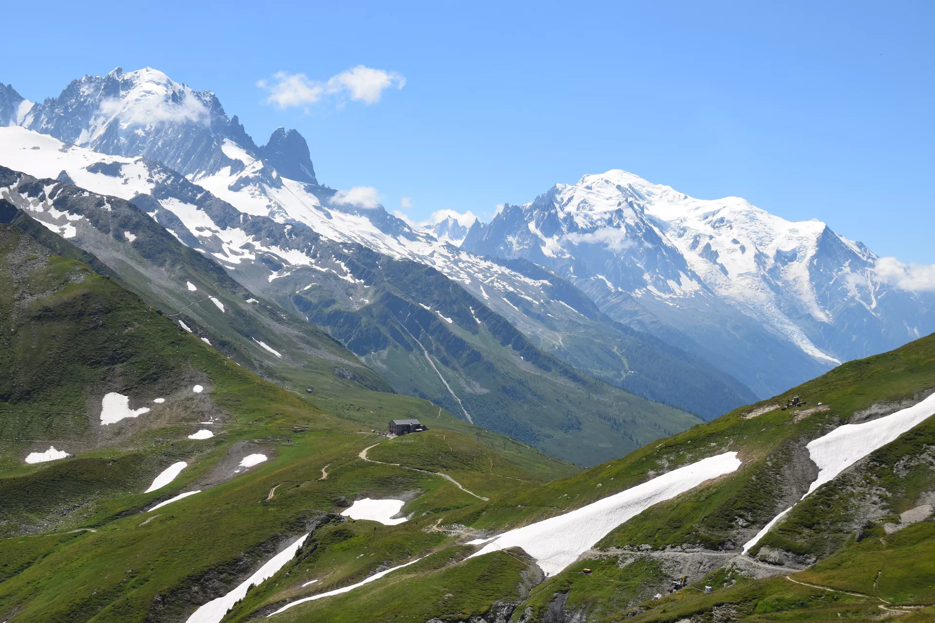 Col de Balme à la frontière entre la France et la Suisse avec une vue sur le Mont Blanc en arrière-plan