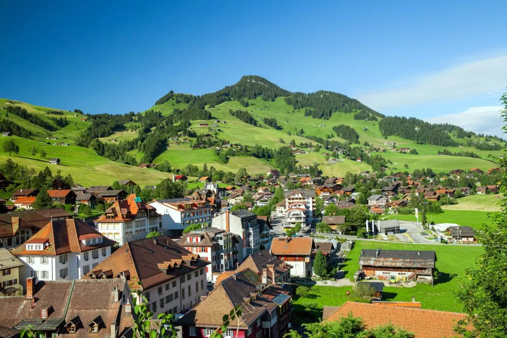 The summer view of mountains from Chateau dOex Fribourg