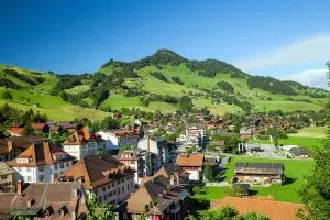 The summer view of mountains from Chateau dOex Fribourg