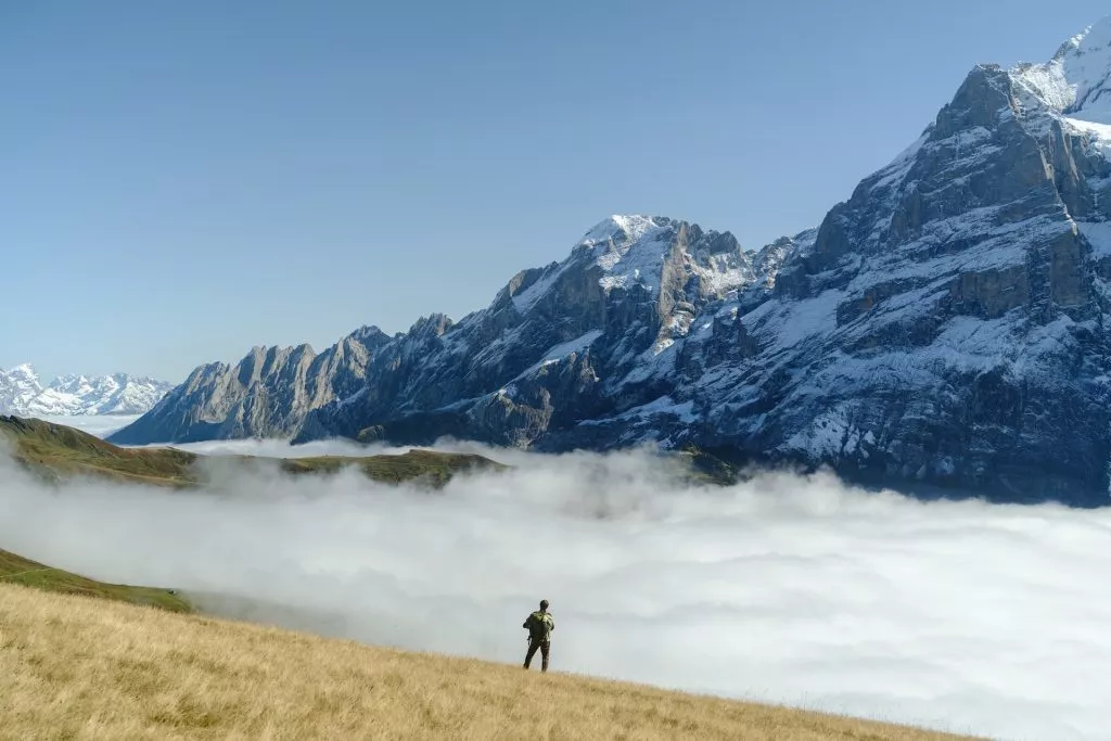 The view of Eiger north face from the meadows above Grindewald