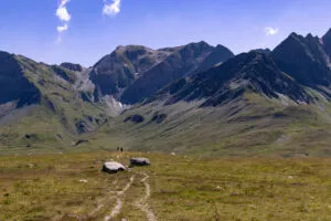 Hikers on Greina Plateau