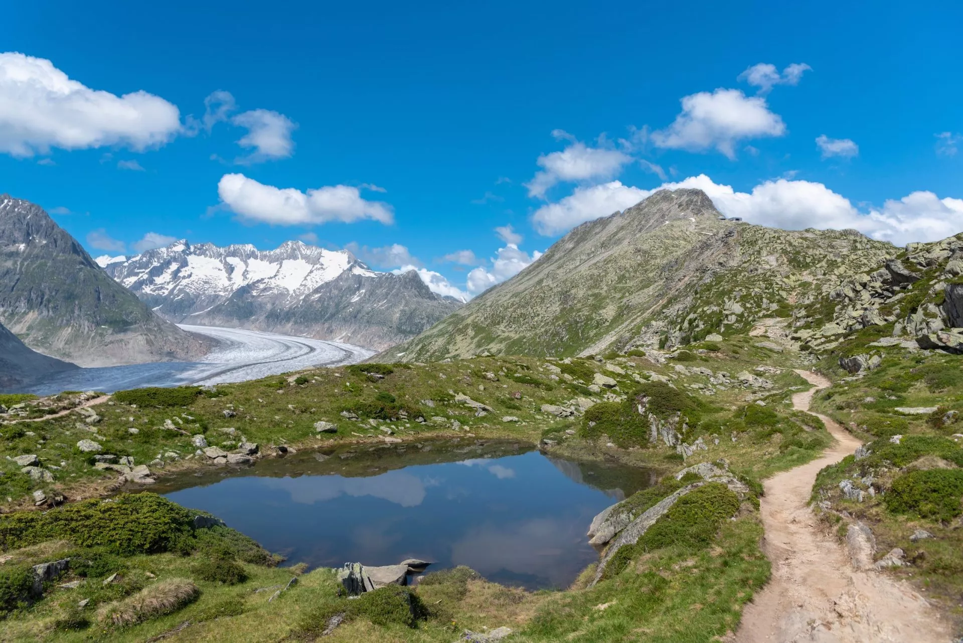 piccolo lago sul sentiero panoramico sopra il ghiacciaio dell'aletsch