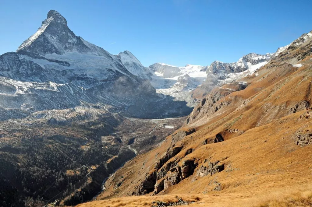 View of the Zmutt valley and the Matterhorn